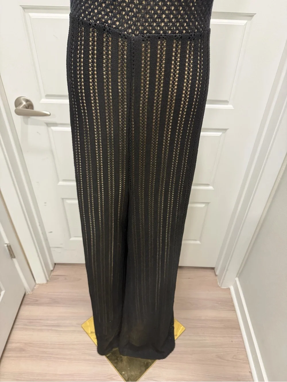 Venus Black Wide-Leg Knit Jumpsuit with Nude Lining